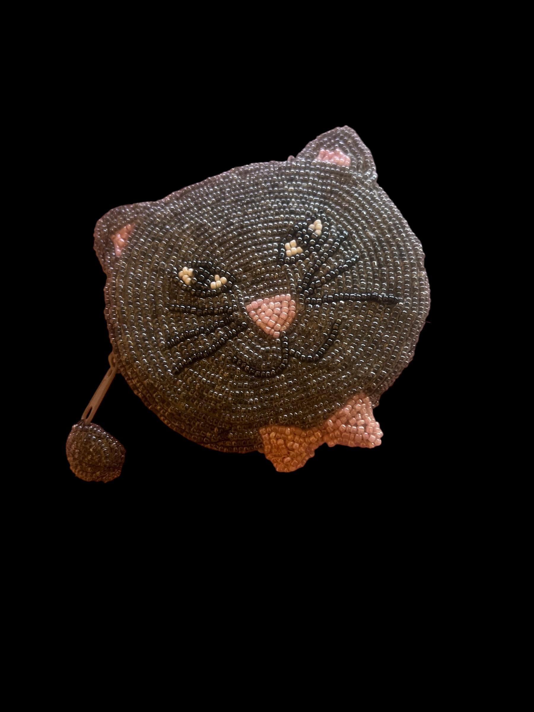 Lot of 2 Handmade Beaded Cat Purses – Kitty Coin Pouch & Cat Face Handbag