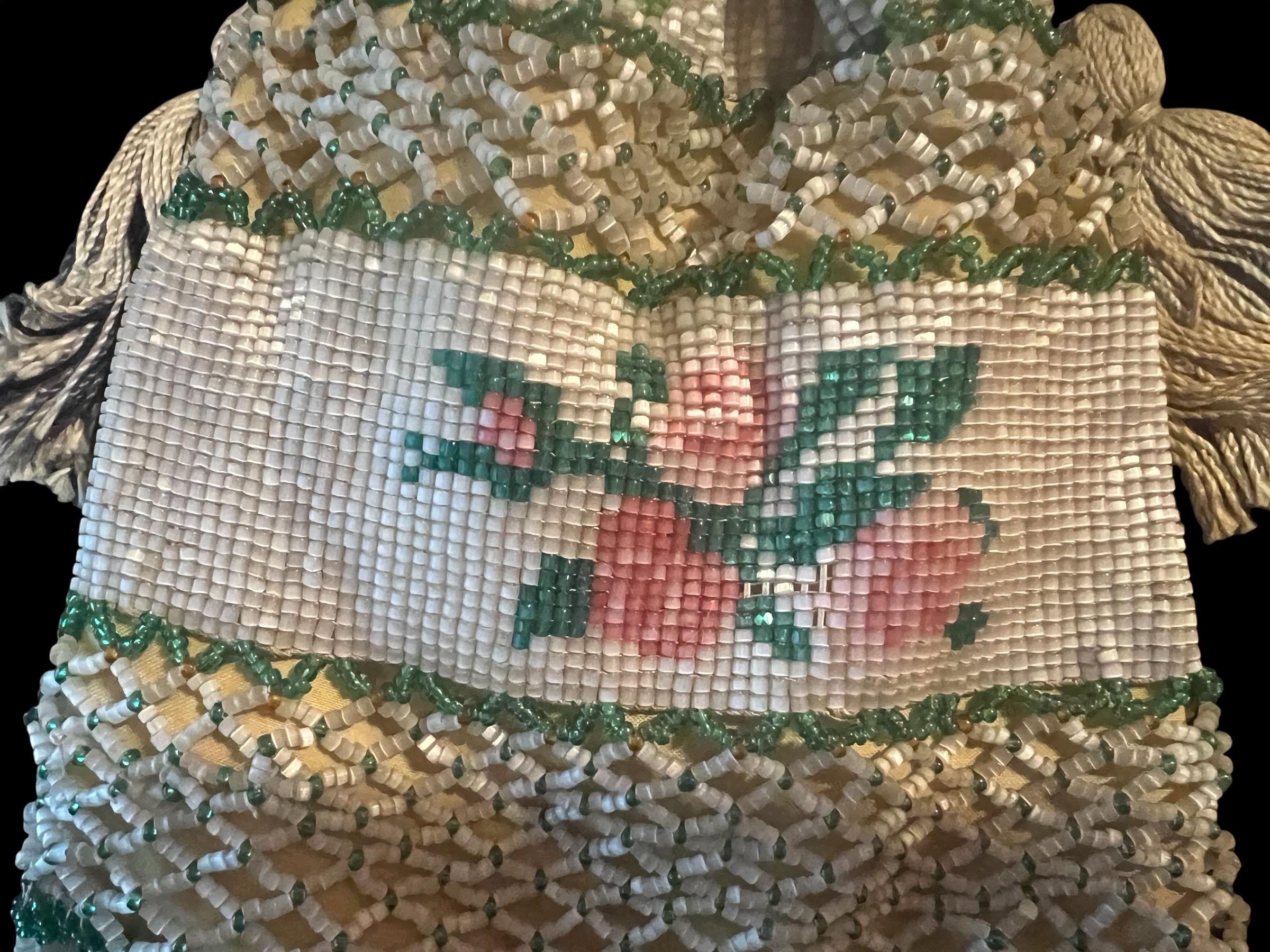 Antique Beaded Drawstring Purse – Hand-Beaded Floral Roses with Tassels, Early 1900s Reticule