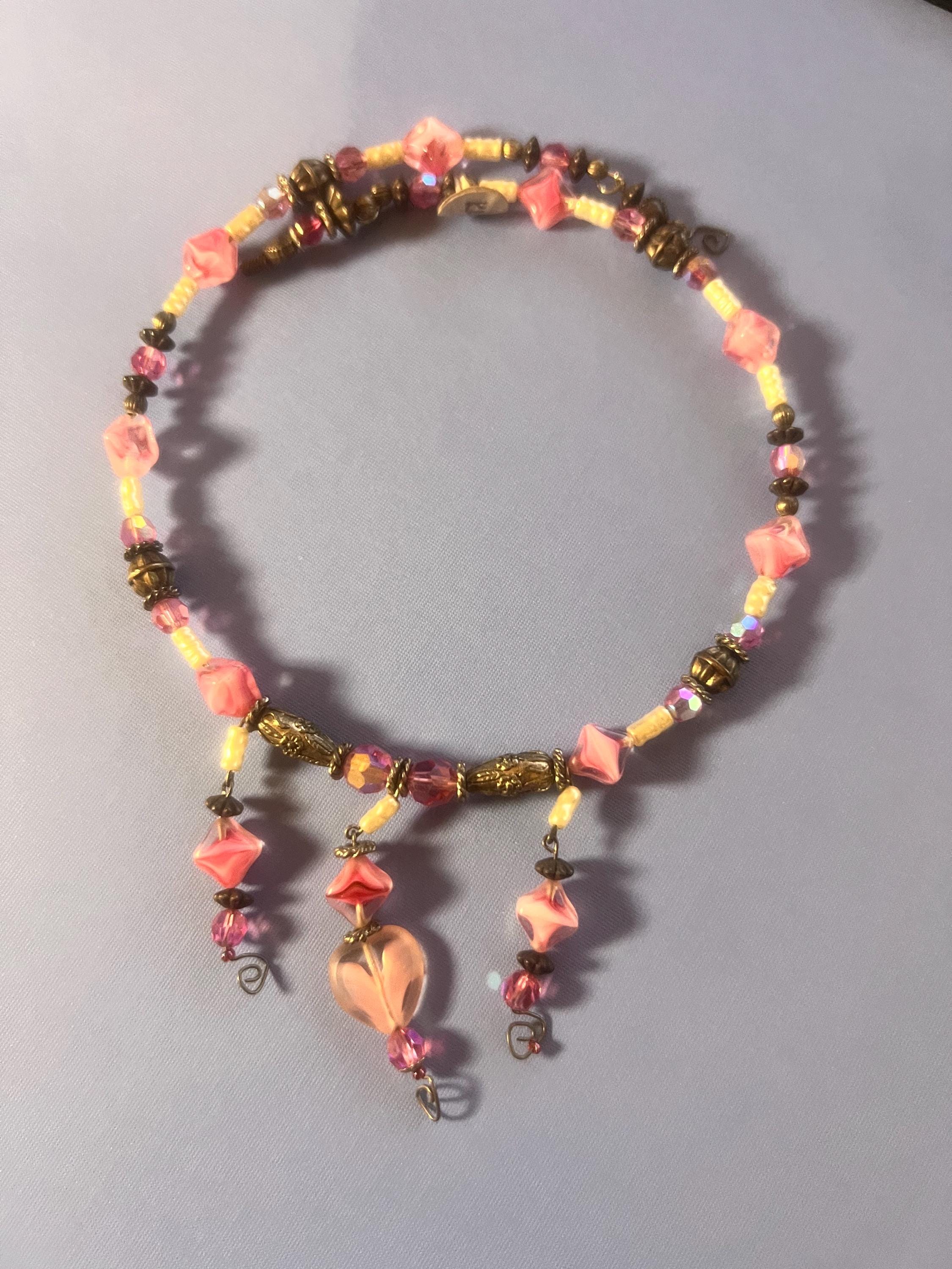 Handmade Vintage Pink Glass Heart Necklace – Aurora Borealis Crystal and Beaded Dangle Choker – Romantic Mid Century Jewelry