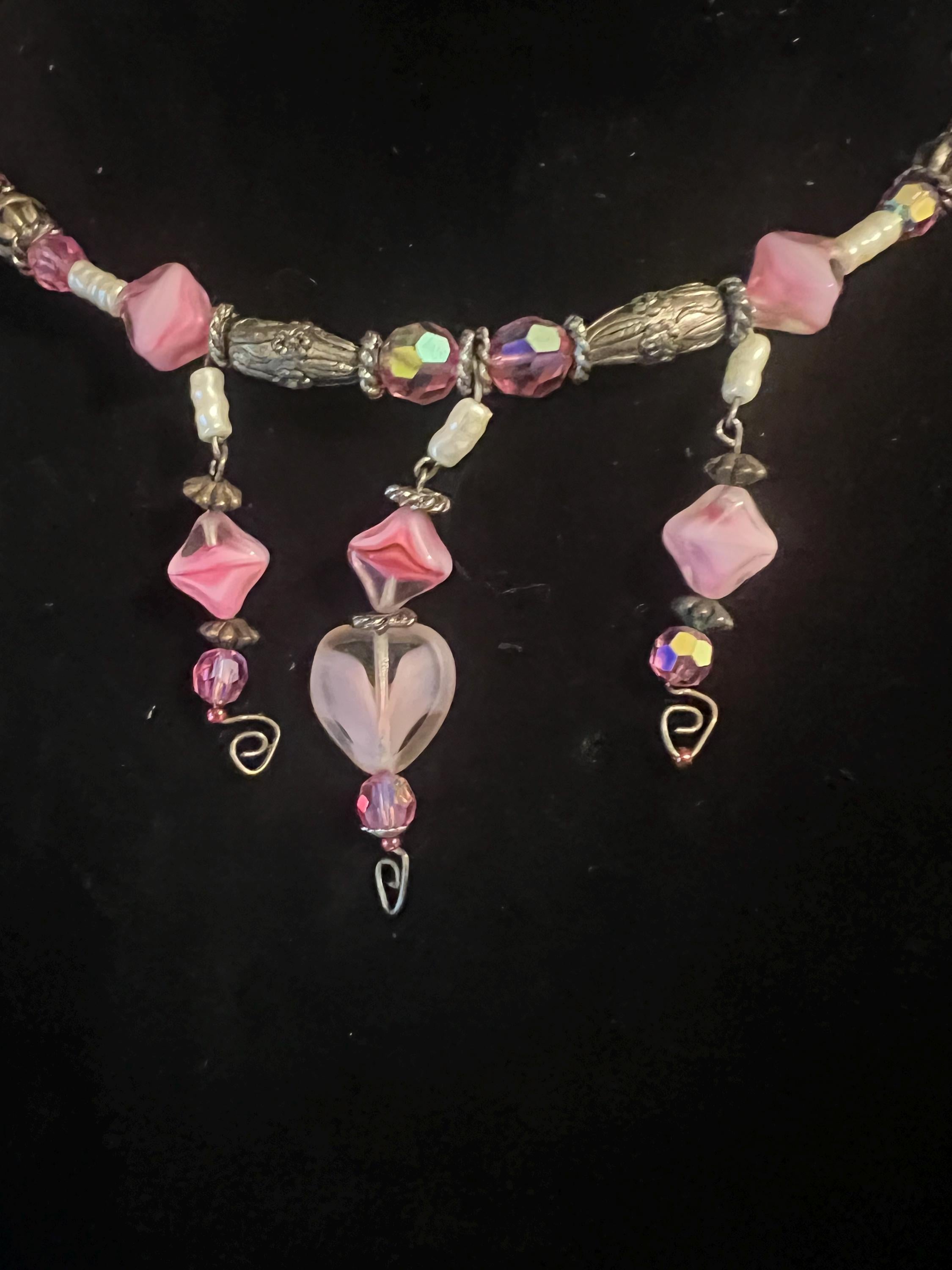 Handmade Vintage Pink Glass Heart Necklace – Aurora Borealis Crystal and Beaded Dangle Choker – Romantic Mid Century Jewelry