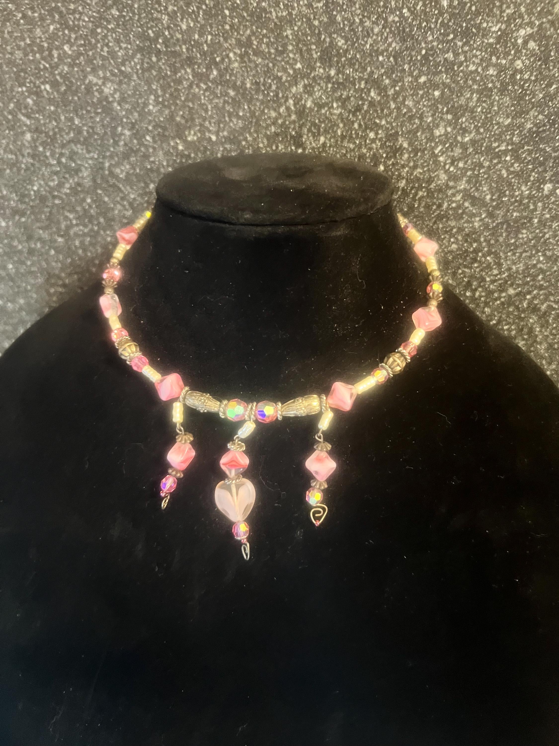Handmade Vintage Pink Glass Heart Necklace – Aurora Borealis Crystal and Beaded Dangle Choker – Romantic Mid Century Jewelry