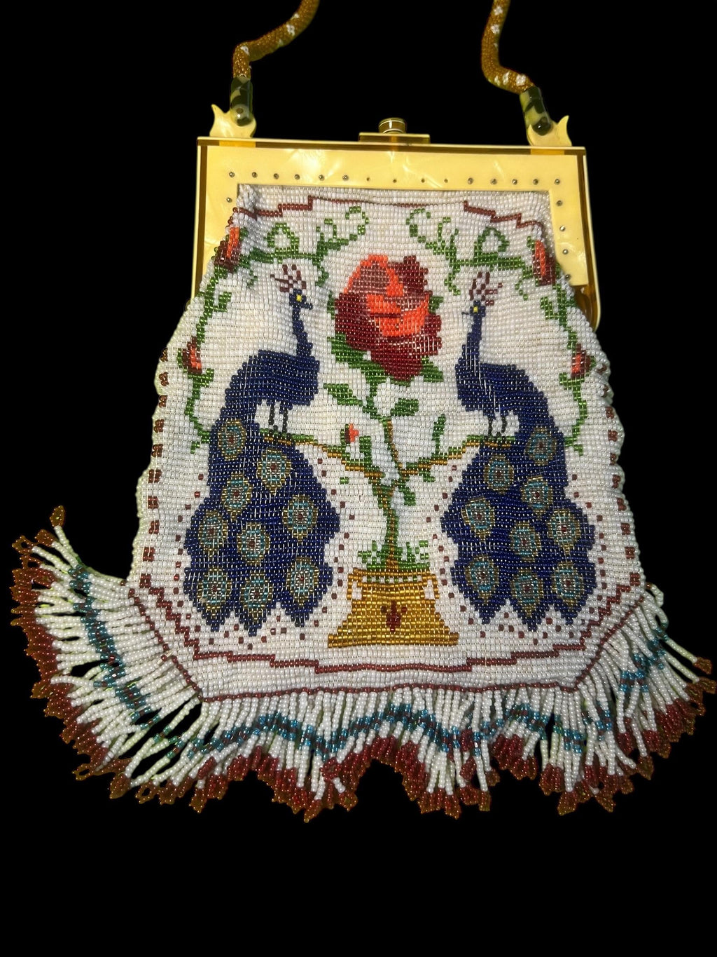 Antique Beaded Purse Peacock Rose Design 1920s Micro Bead Evening Bag Art Deco Flapper Handbag