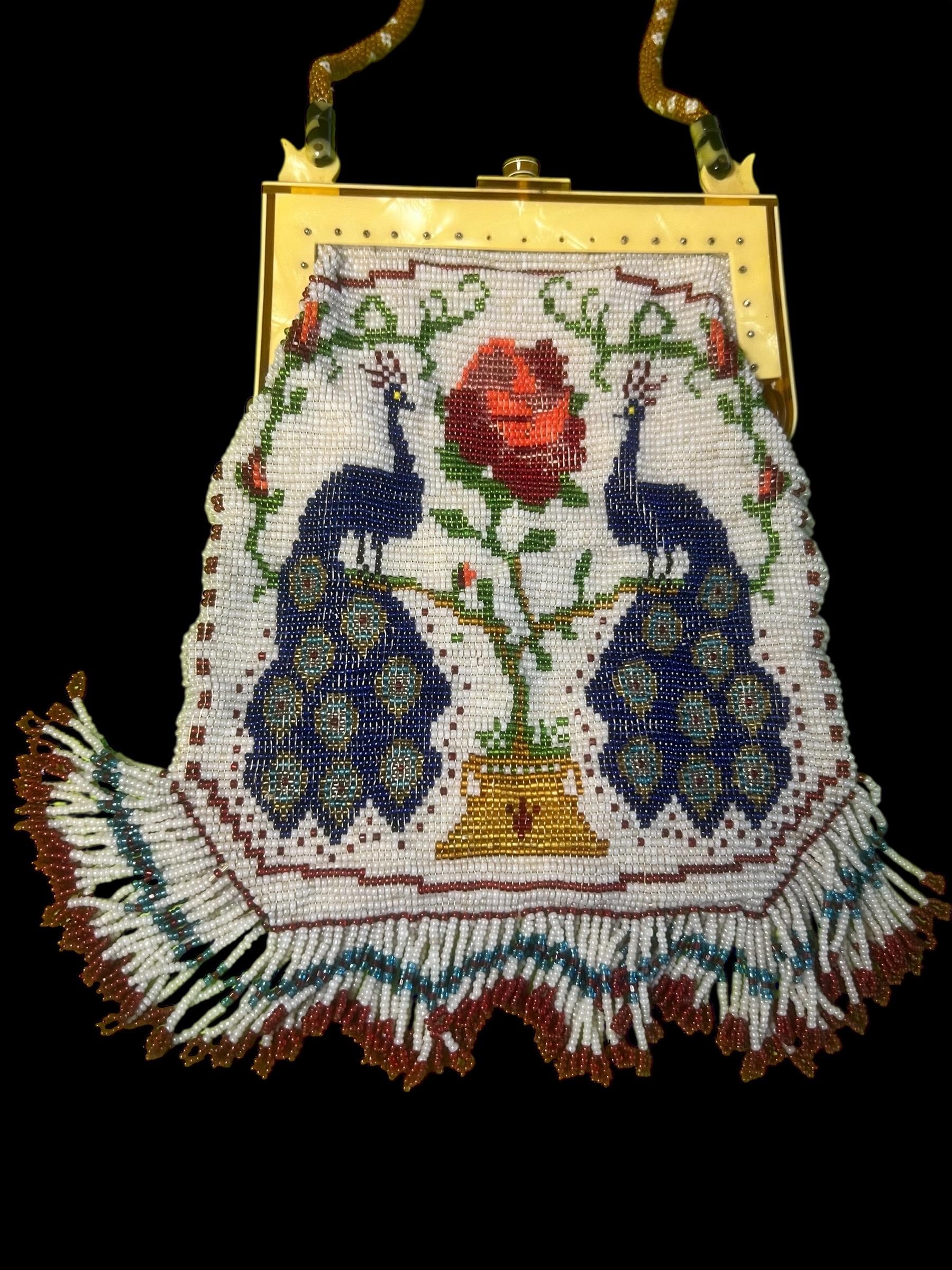 Antique Beaded Purse Peacock Rose Design 1920s Micro Bead Evening Bag Art Deco Flapper Handbag