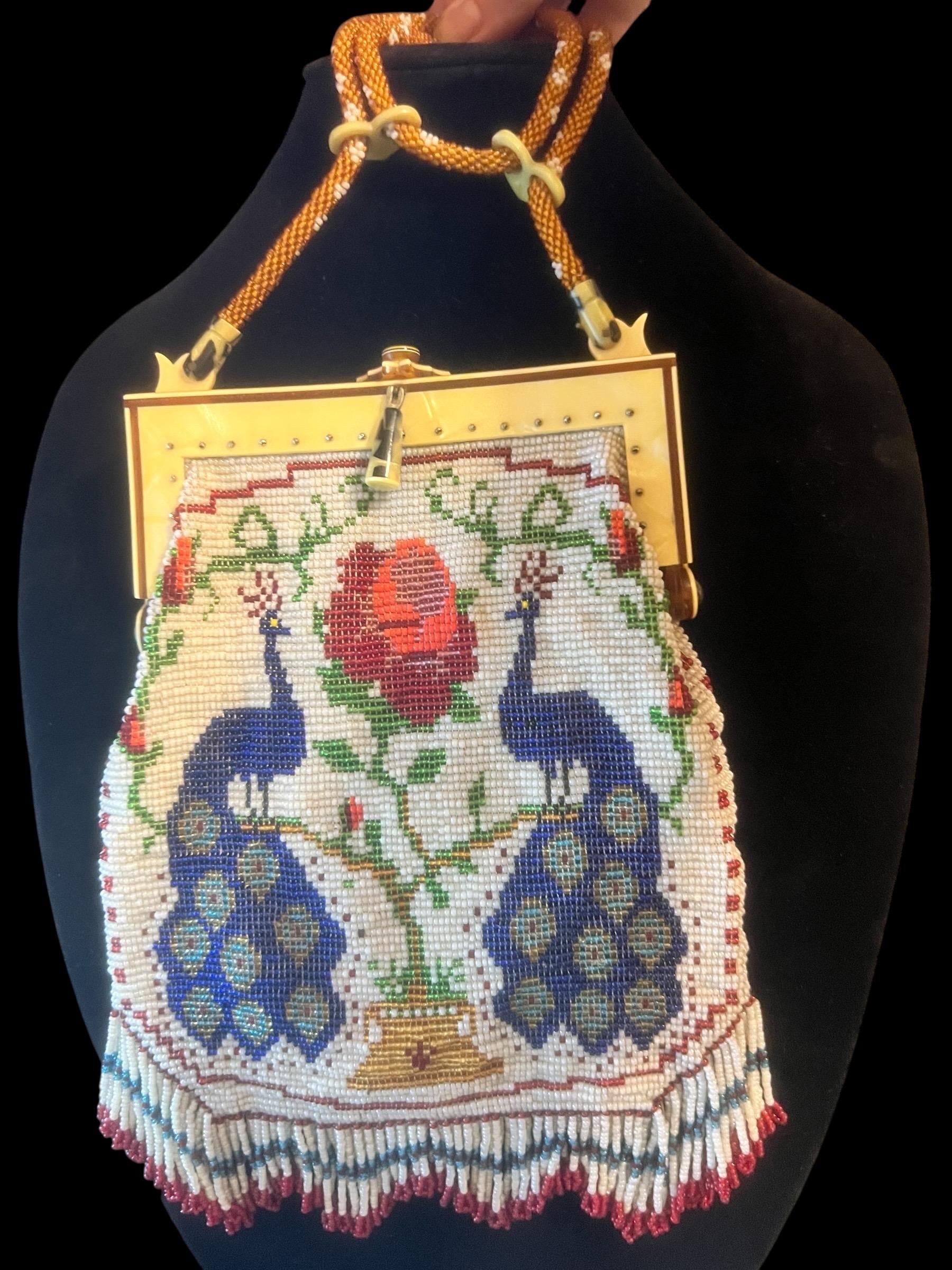Antique Beaded Purse Peacock Rose Design 1920s Micro Bead Evening Bag Art Deco Flapper Handbag