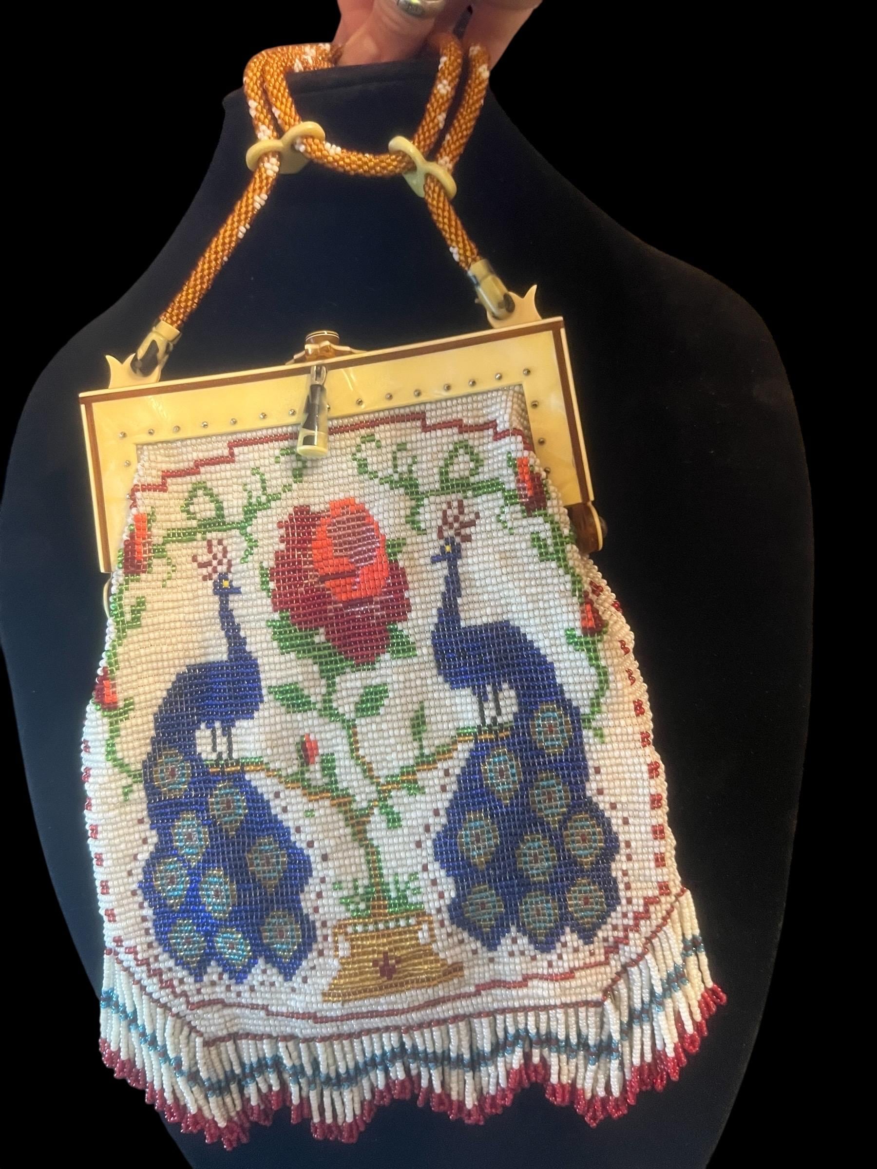 Antique Beaded Purse Peacock Rose Design 1920s Micro Bead Evening Bag Art Deco Flapper Handbag