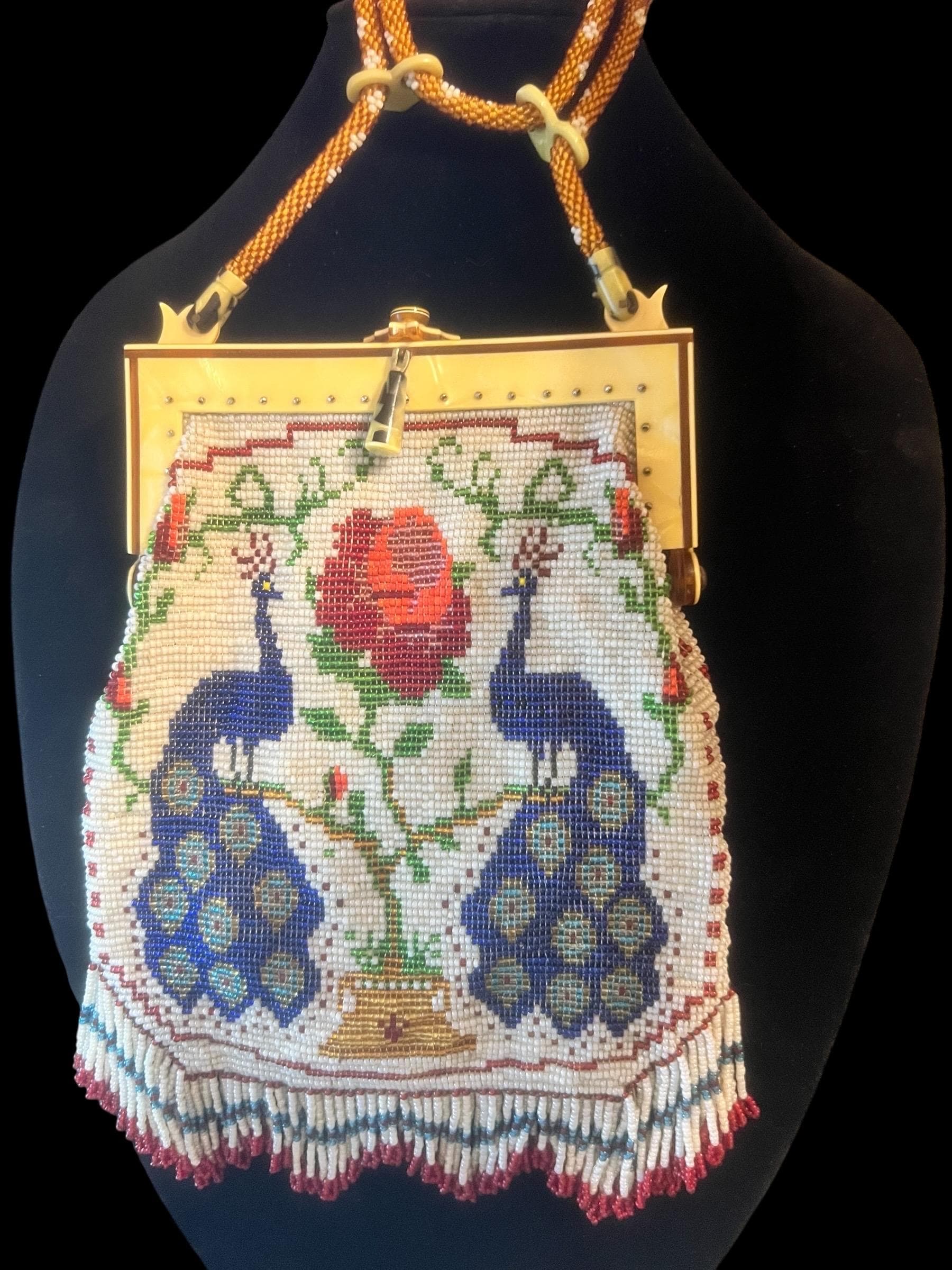 Antique Beaded Purse Peacock Rose Design 1920s Micro Bead Evening Bag Art Deco Flapper Handbag