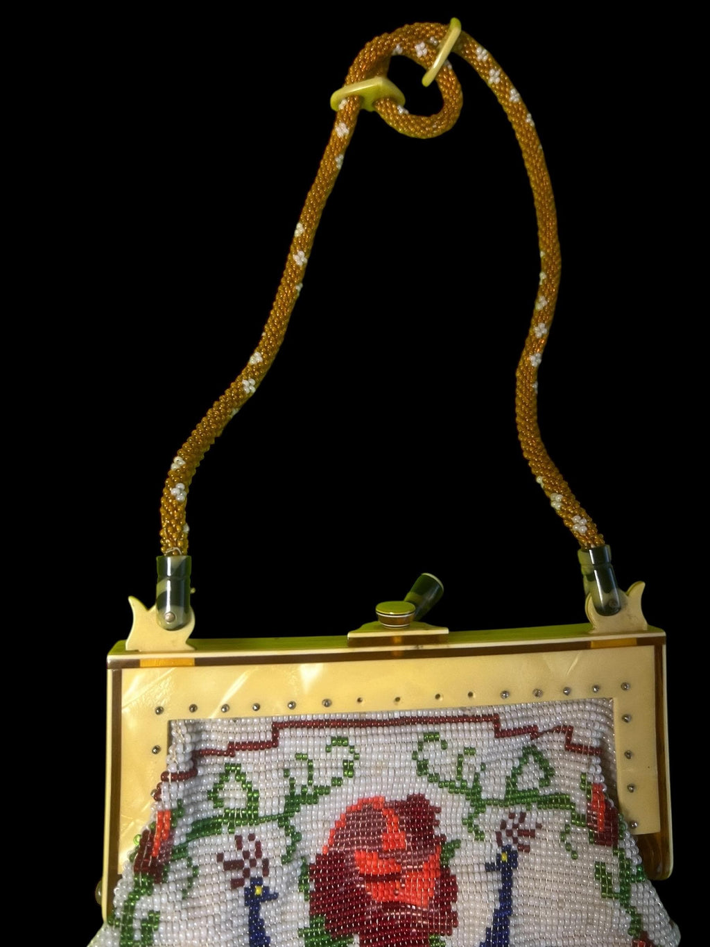 Antique Beaded Purse Peacock Rose Design 1920s Micro Bead Evening Bag Art Deco Flapper Handbag
