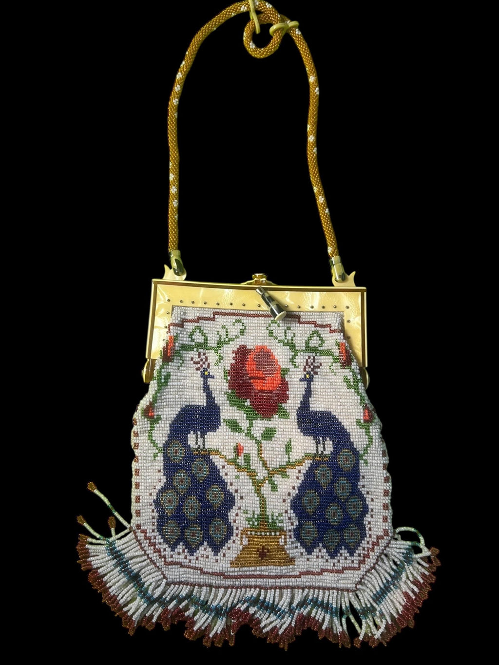 Antique Beaded Purse Peacock Rose Design 1920s Micro Bead Evening Bag Art Deco Flapper Handbag