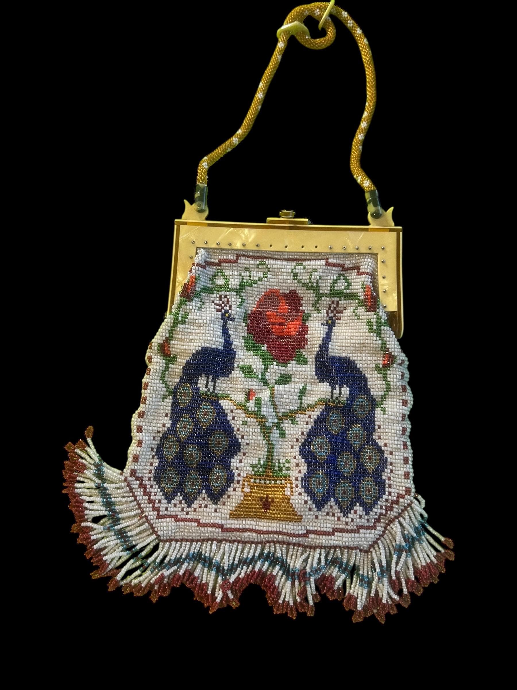 Antique Beaded Purse Peacock Rose Design 1920s Micro Bead Evening Bag Art Deco Flapper Handbag