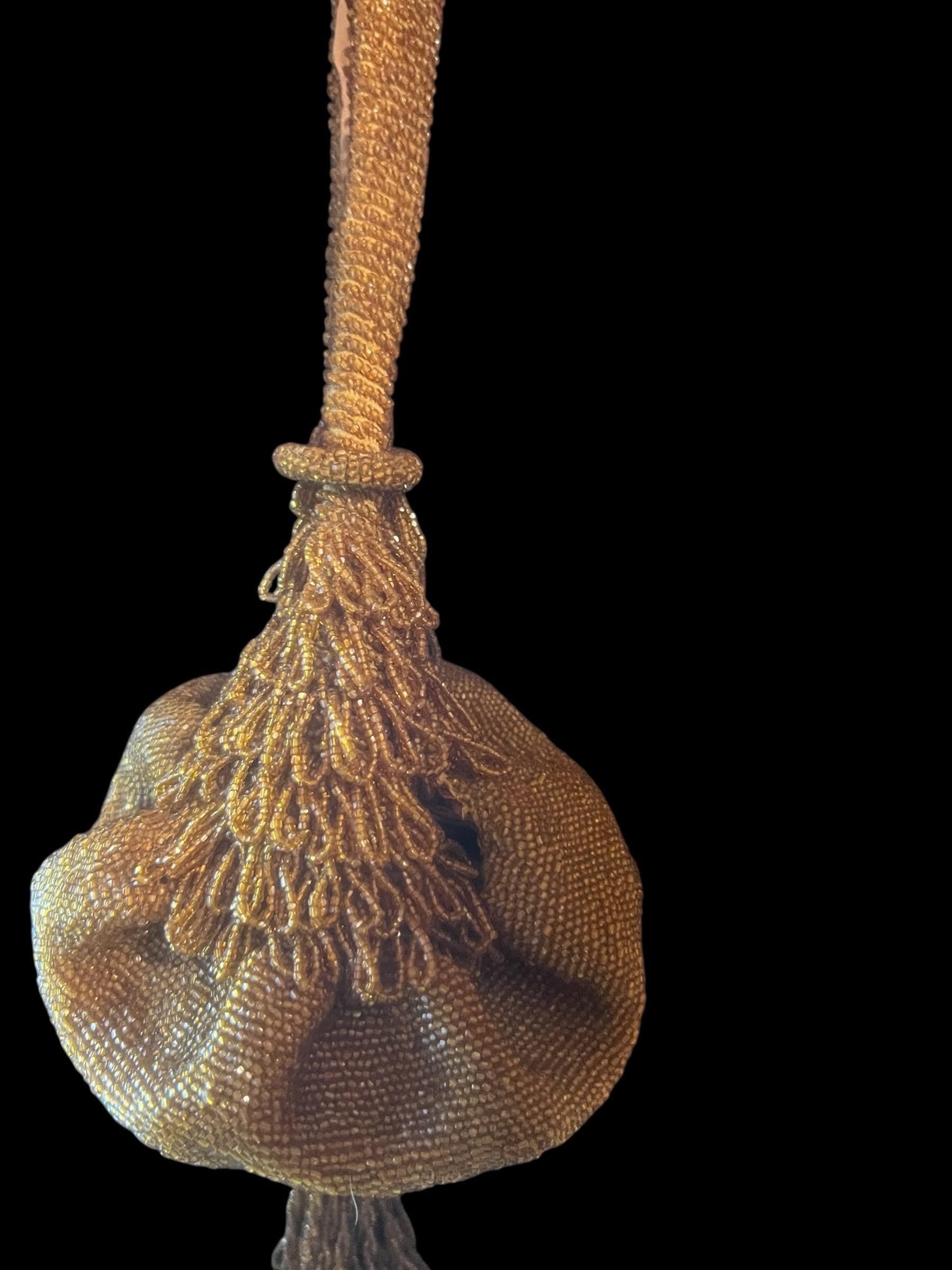 Antique beaded flapper purse – 1920s bronze seed bead drawstring bag with tassel, vintage art deco evening handbag
