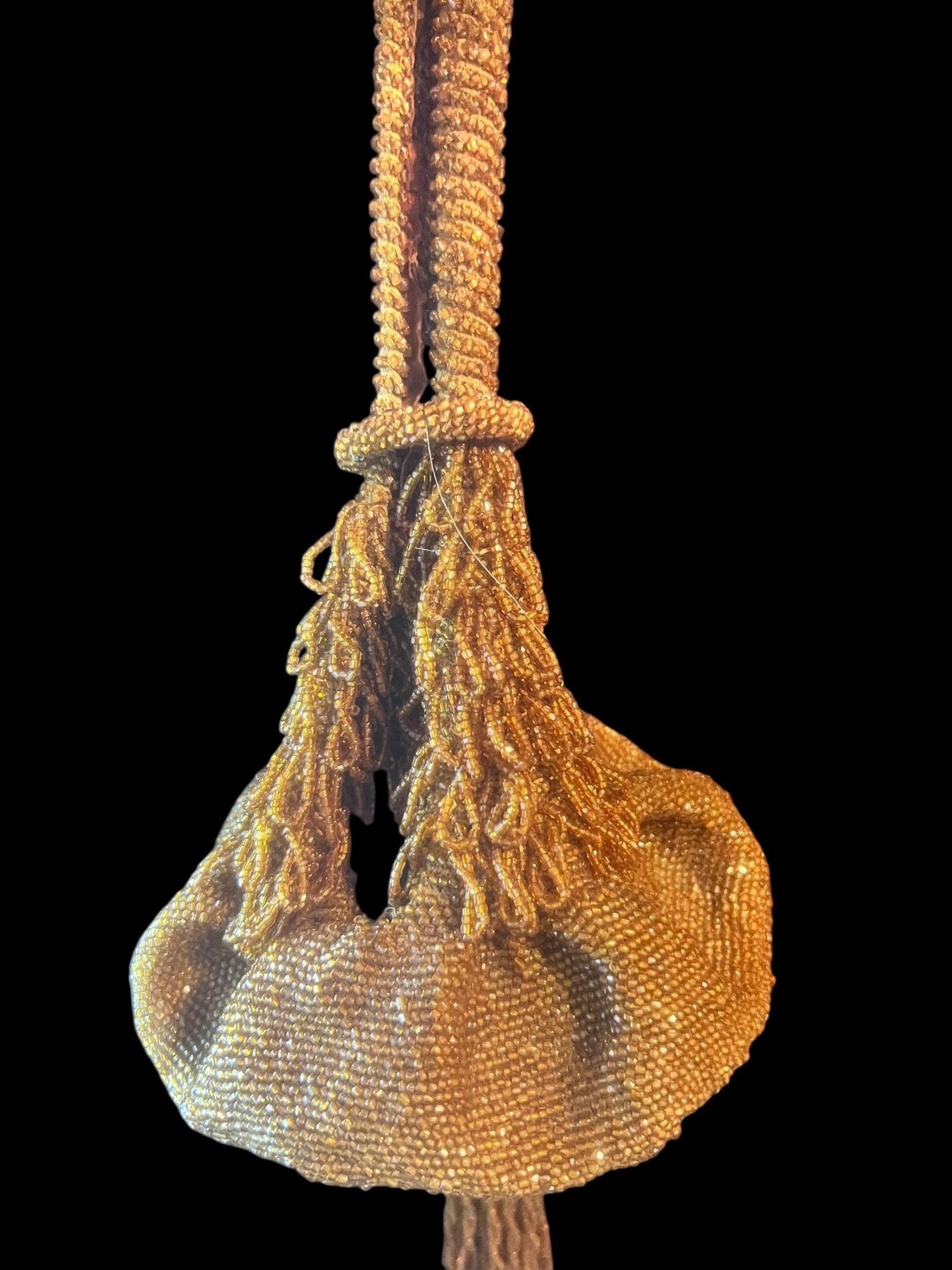 Antique beaded flapper purse – 1920s bronze seed bead drawstring bag with tassel, vintage art deco evening handbag