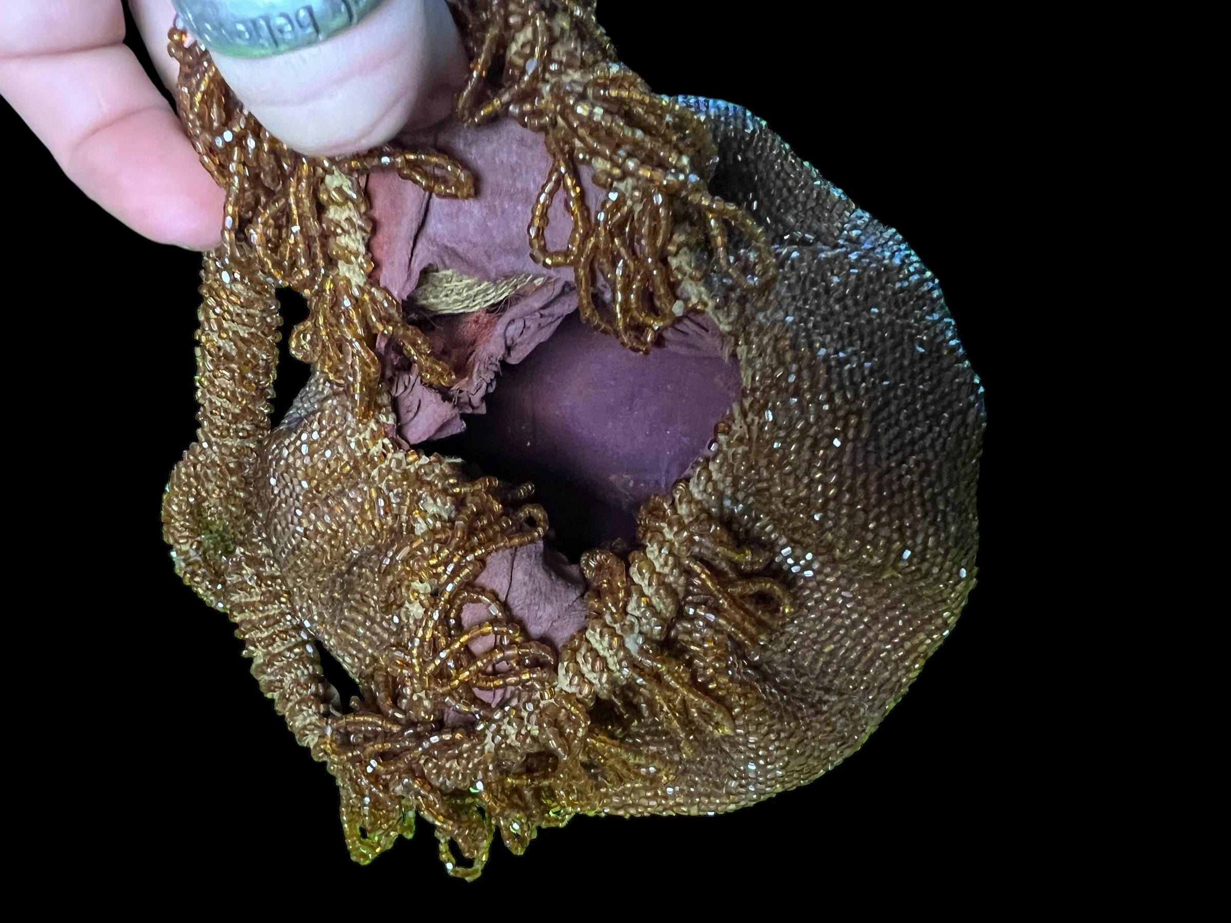 Antique beaded flapper purse – 1920s bronze seed bead drawstring bag with tassel, vintage art deco evening handbag