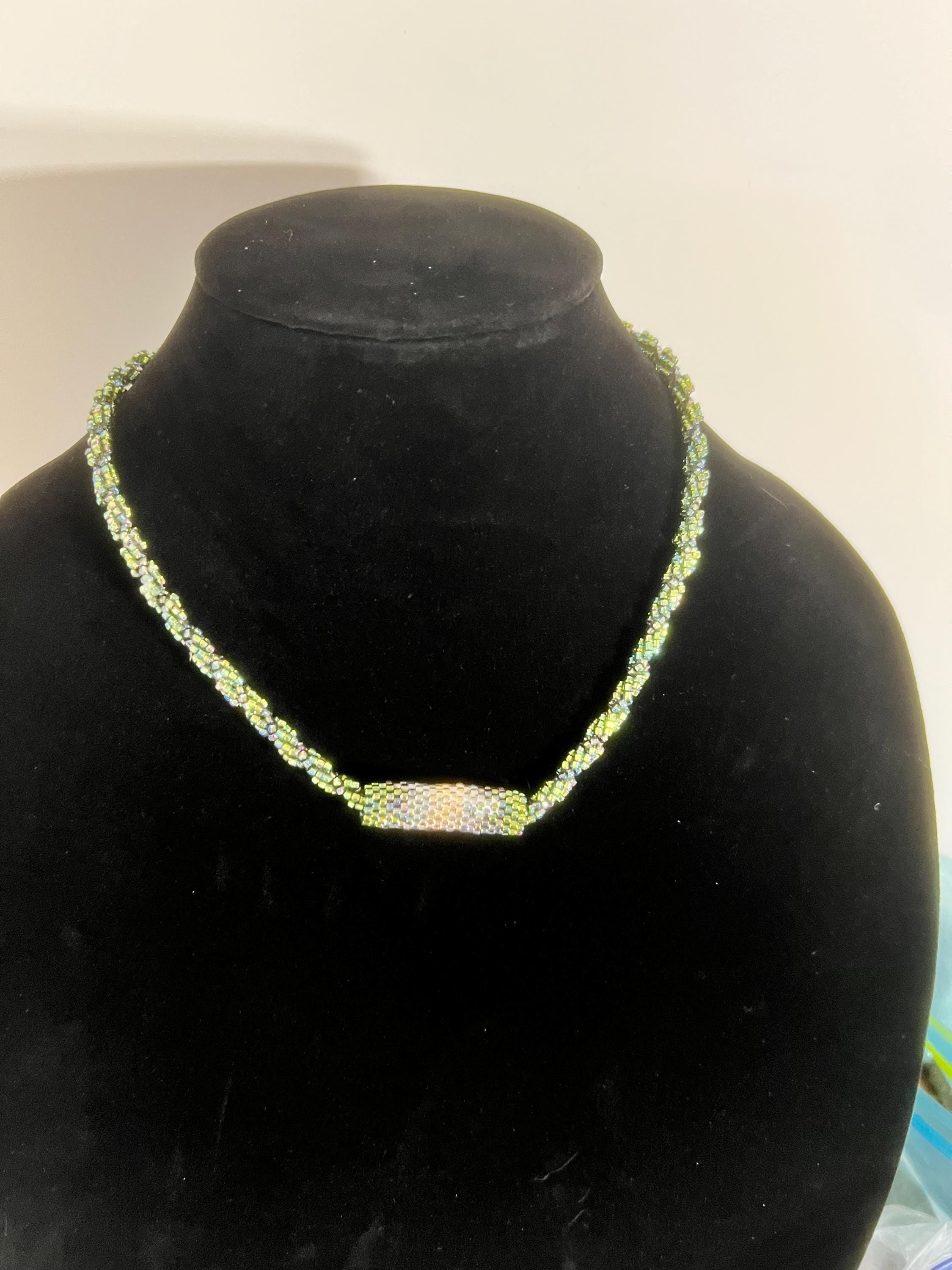 Handmade beaded rope necklace – green & iridescent glass seed beads – artisan jewelry