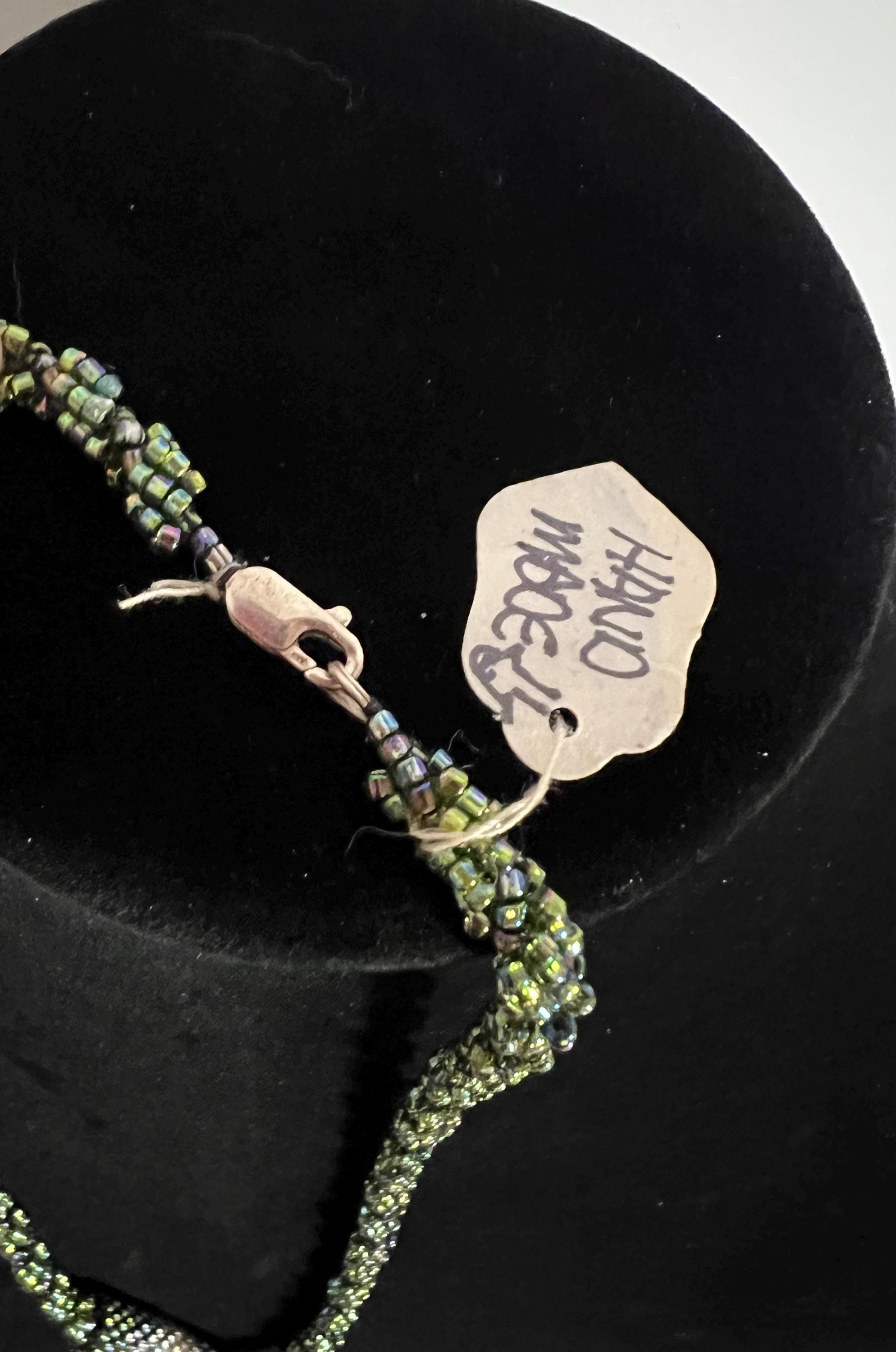 Handmade beaded rope necklace – green & iridescent glass seed beads – artisan jewelry