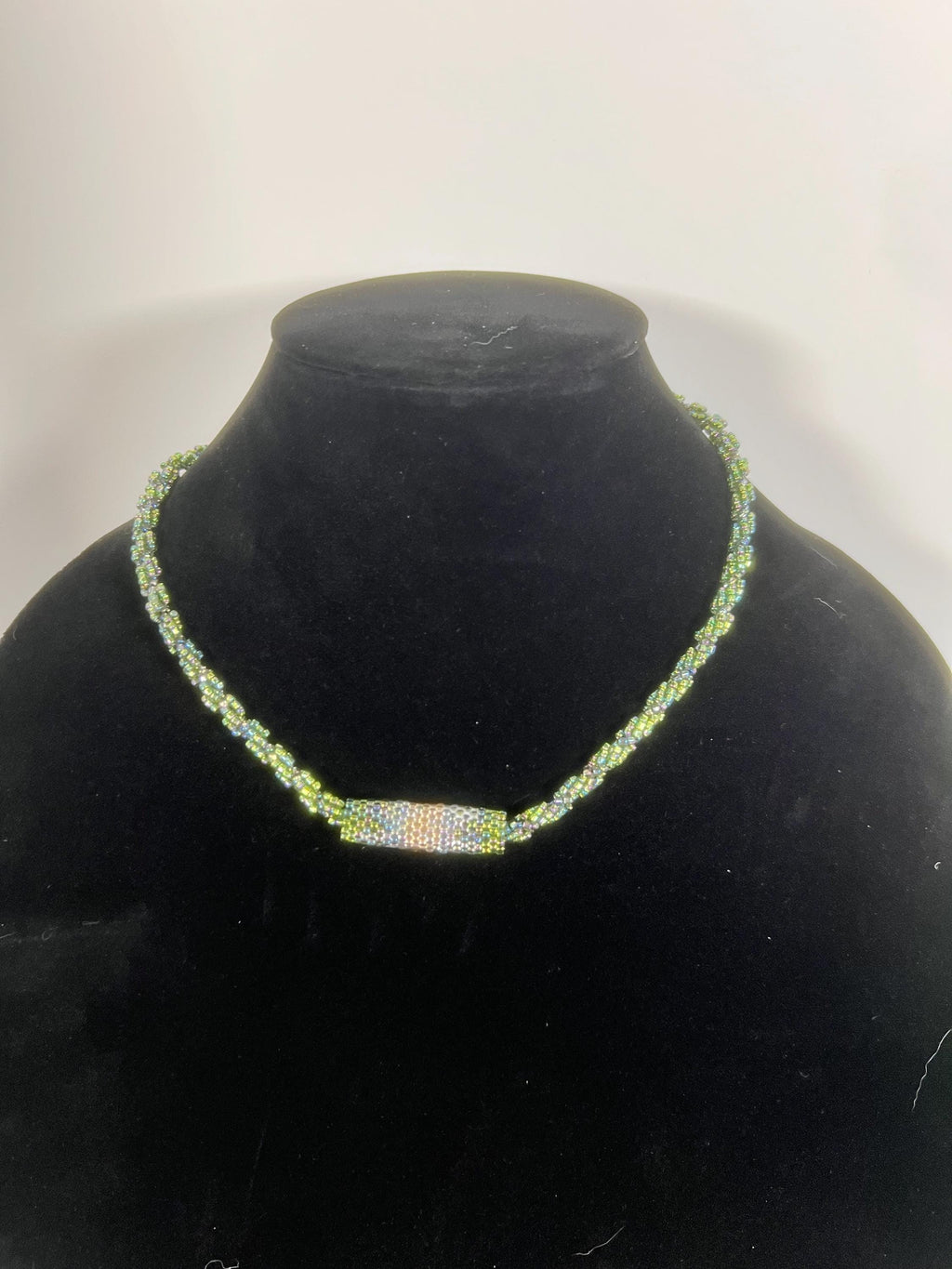 Handmade beaded rope necklace – green & iridescent glass seed beads – artisan jewelry
