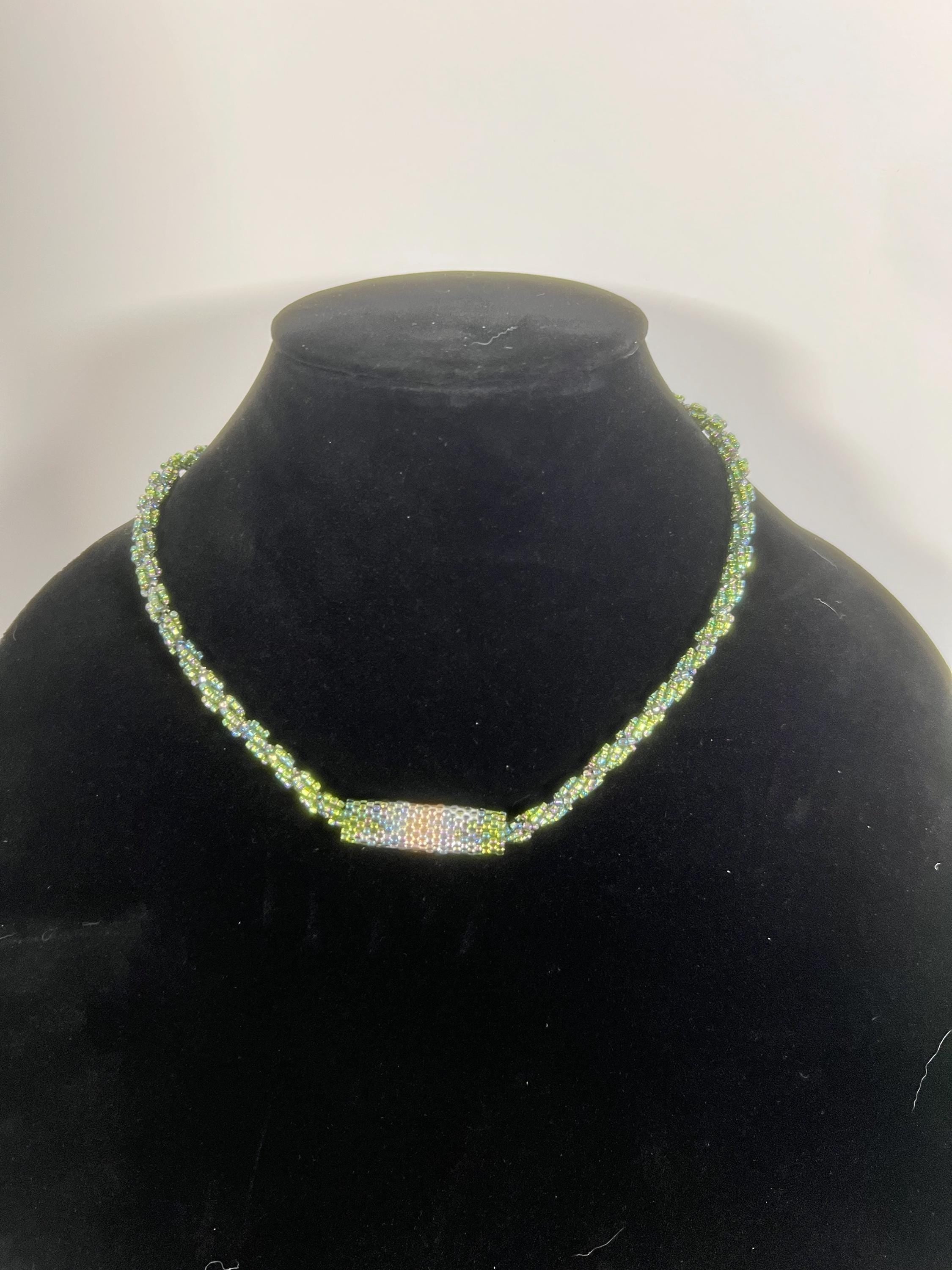 Handmade beaded rope necklace – green & iridescent glass seed beads – artisan jewelry