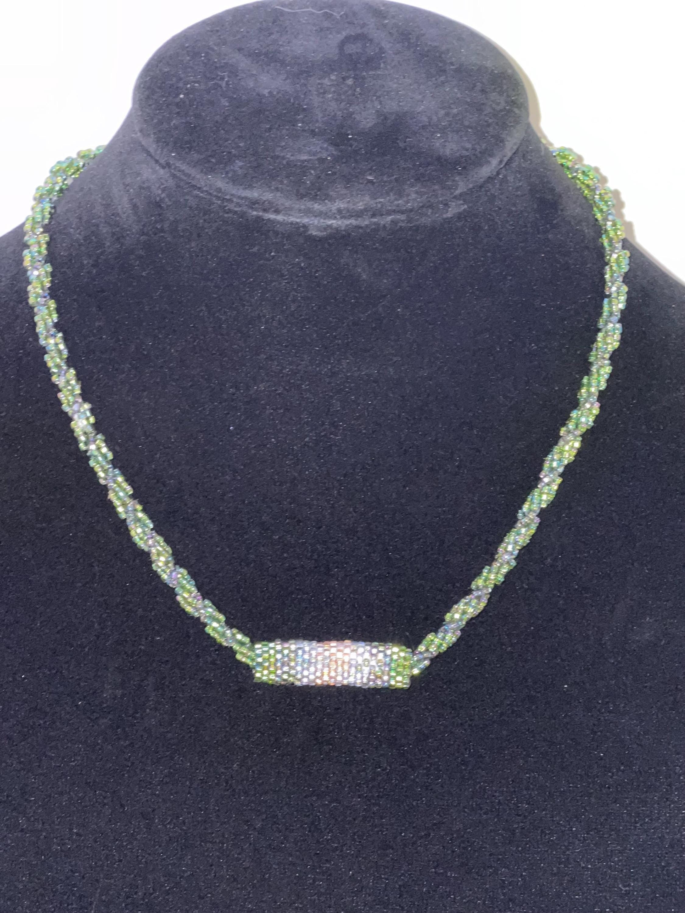 Handmade beaded rope necklace – green & iridescent glass seed beads – artisan jewelry