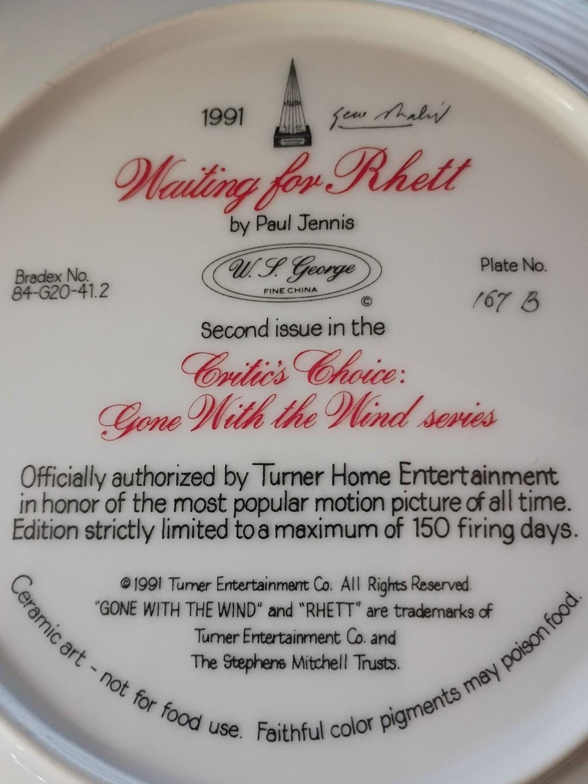 1991 gone with the wind collector plate "waiting for rhett" by paul jennis –...