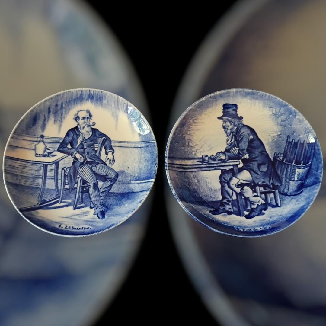 Set of 2 royal sphinx holland delft blue mini plates – absinthe tavern scene...