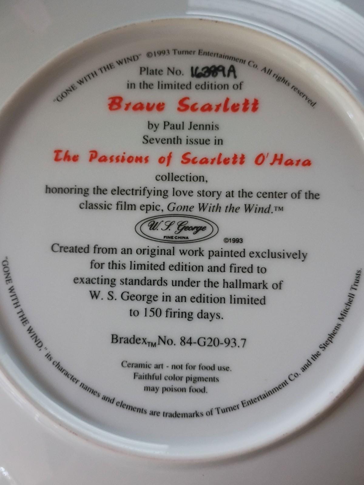 Gone with the wind collector plate brave scarlett by paul jennis – 1993 w.s....