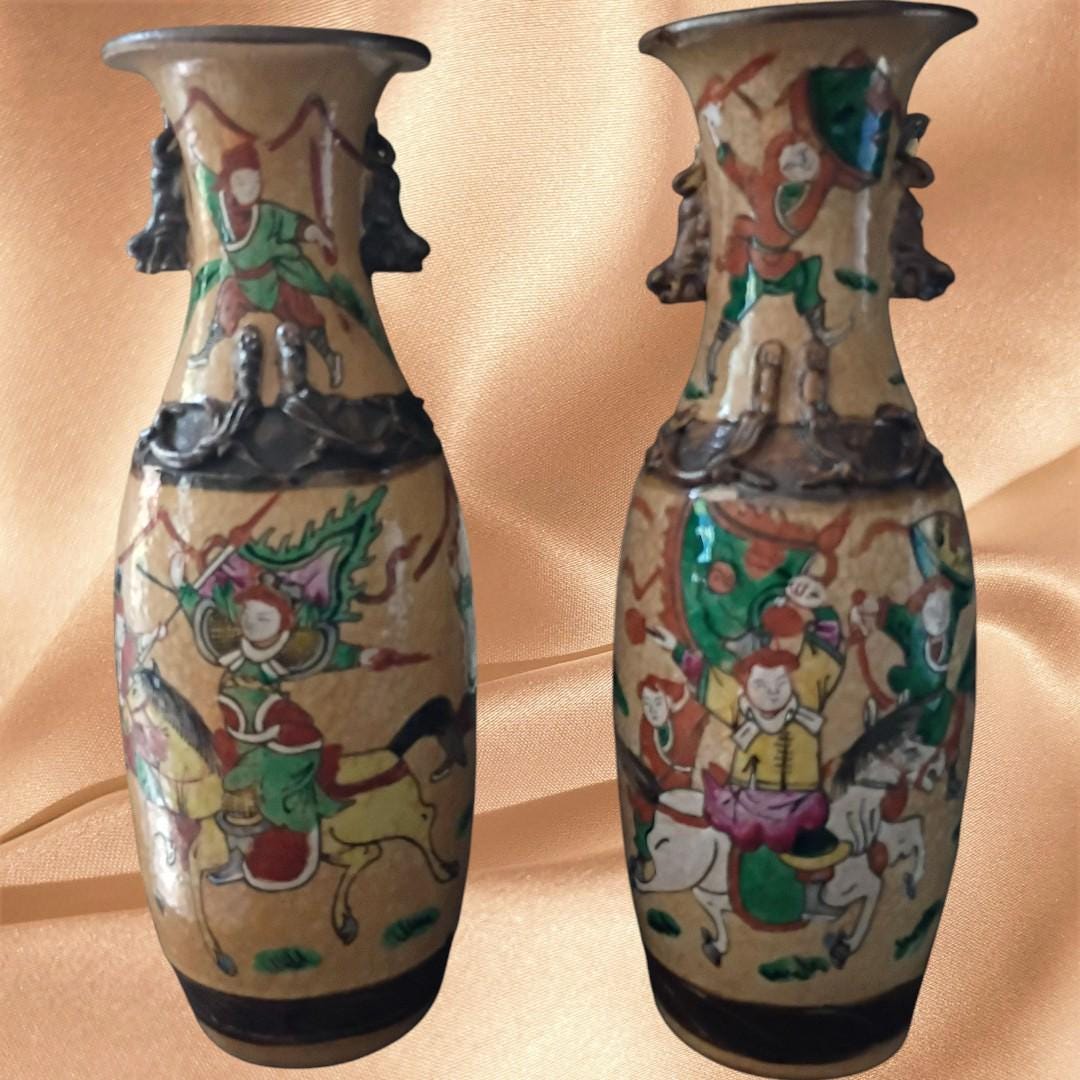 Pair of vintage chinese warrior battle scene vases ~ hand painted enamel ceramic