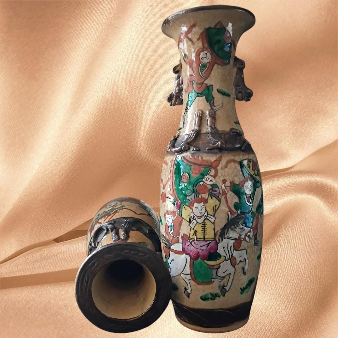 Pair of vintage chinese warrior battle scene vases ~ hand painted enamel ceramic