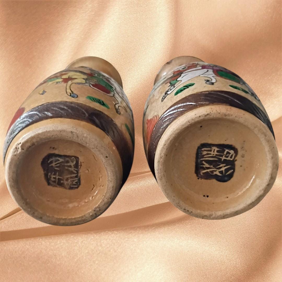 Pair of vintage chinese warrior battle scene vases ~ hand painted enamel ceramic