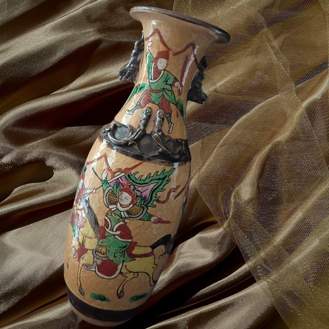 Pair of vintage chinese warrior battle scene vases ~ hand painted enamel ceramic