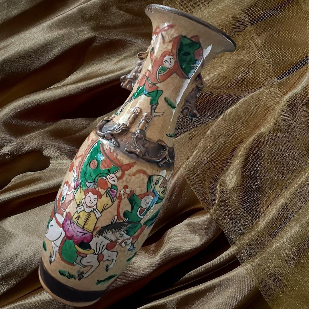 Pair of vintage chinese warrior battle scene vases ~ hand painted enamel ceramic