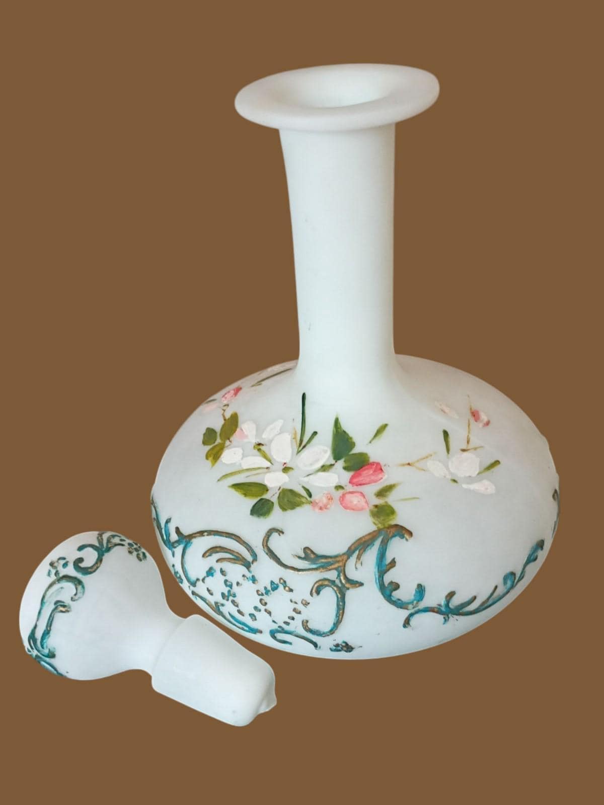 Antique victorian milk glass decanter bottle w/ stopper – hand painted enamel...