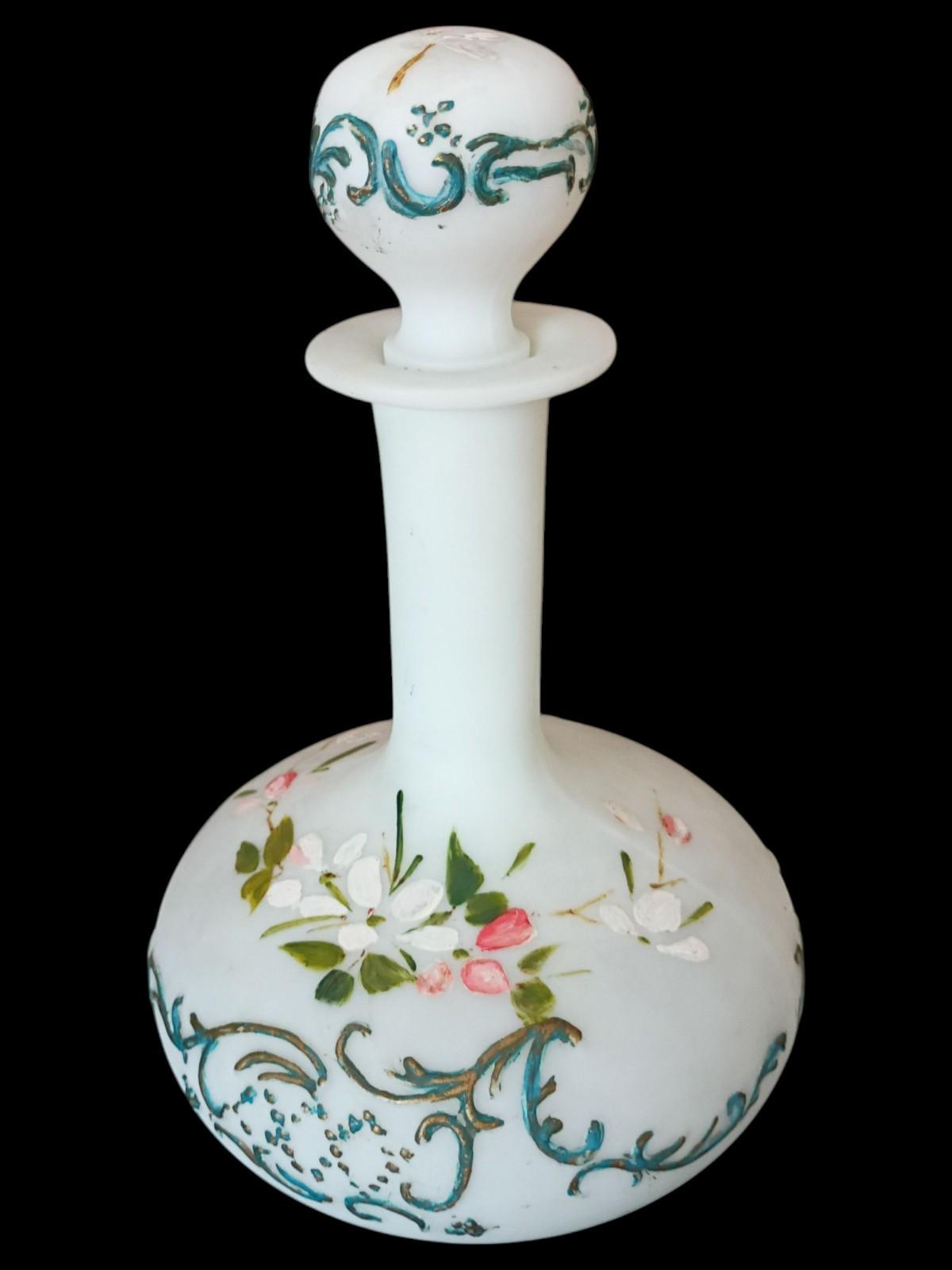 Antique victorian milk glass decanter bottle w/ stopper – hand painted enamel...