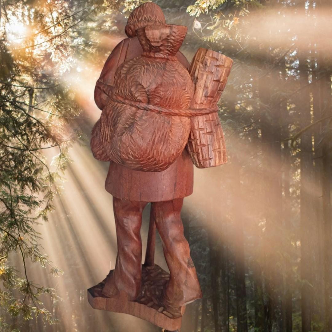 hand-carved wooden figurine – bearded traveler with staff & sack – 12”...
