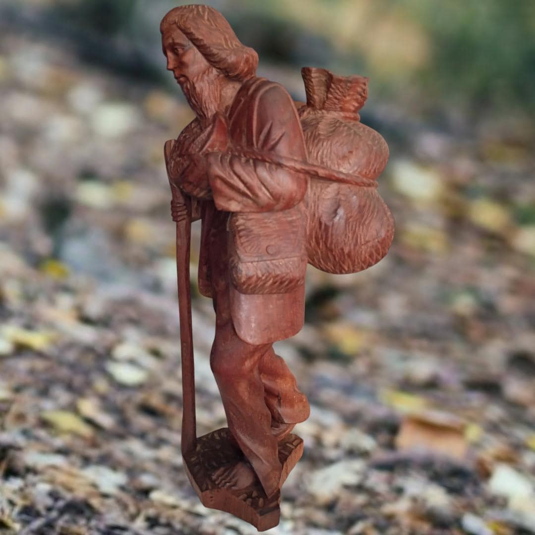 hand-carved wooden figurine – bearded traveler with staff & sack – 12”...