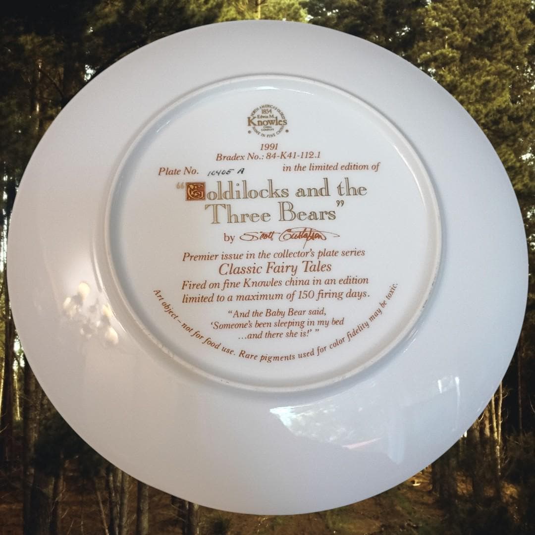 Goldilocks & the three bears collector plate knowles 1991 coa fairy tale 8.5"
