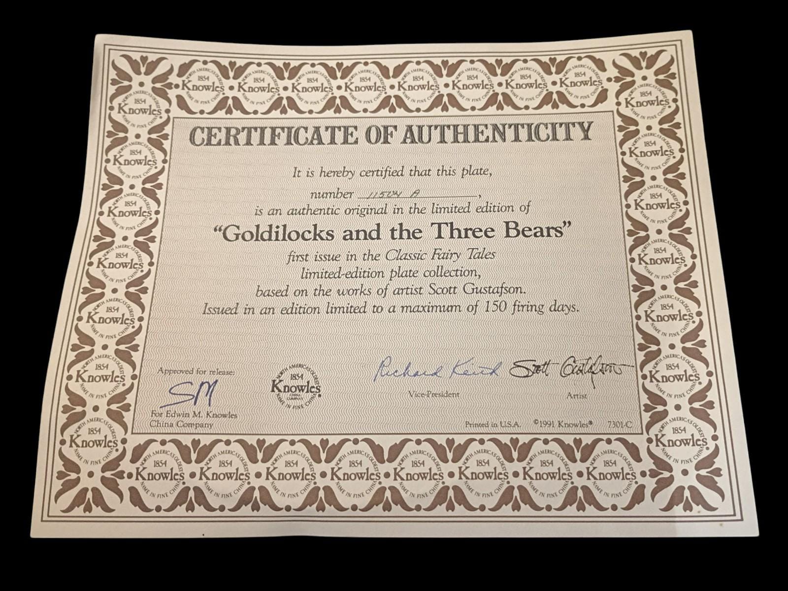 Goldilocks & the three bears collector plate knowles 1991 coa fairy tale 8.5"