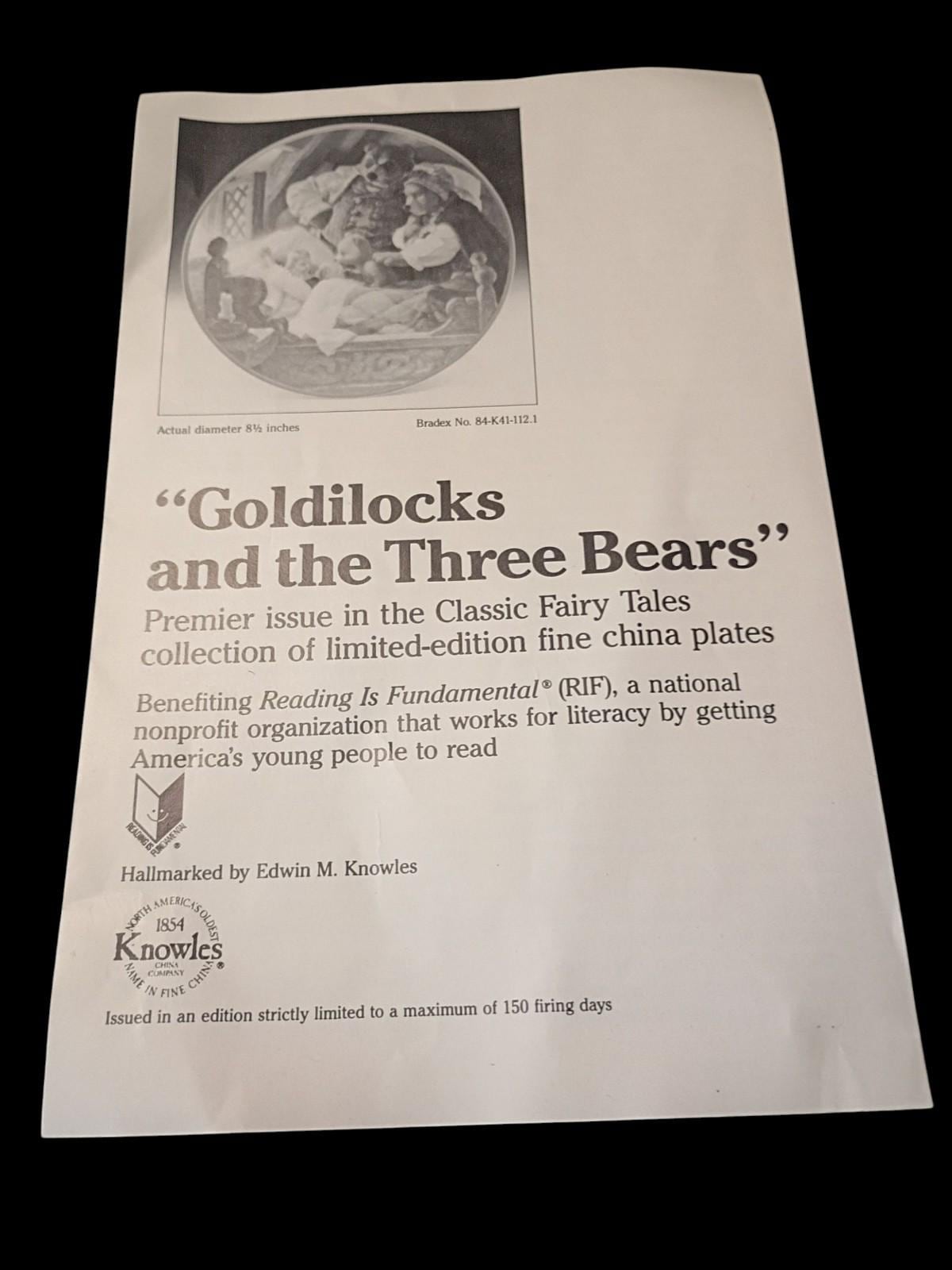 Goldilocks & the three bears collector plate knowles 1991 coa fairy tale 8.5"