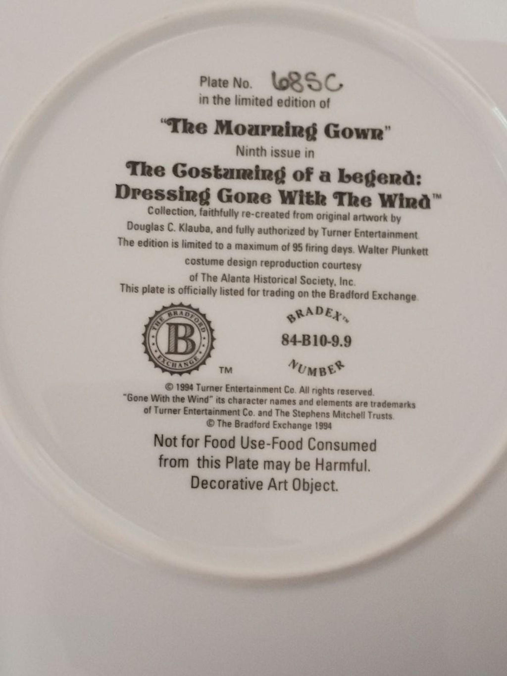 Gone with the wind plate “the mourning gown” 1994 bradford exchange collectible