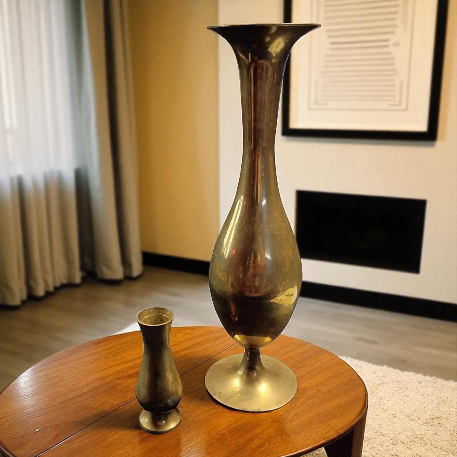 Pair of  solid brass bud vases – mid-century style – 4" & 11" –