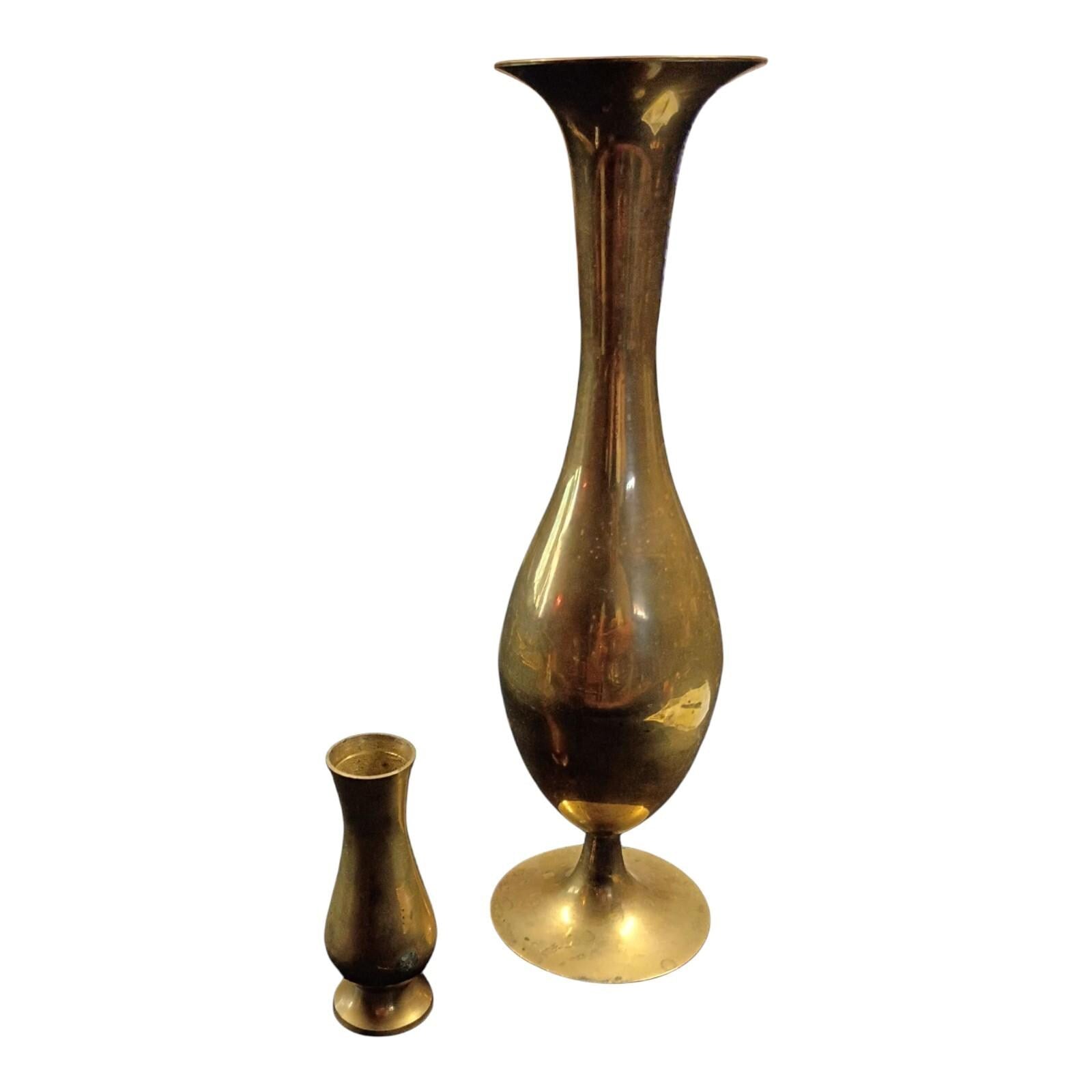 Pair of  solid brass bud vases – mid-century style – 4" & 11" –