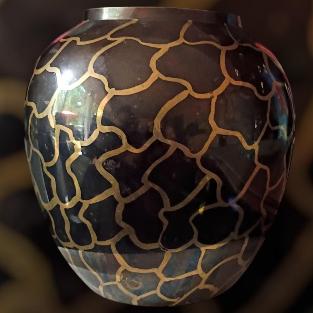 Brass & enamel vase black gold moroccan pattern 6.5" decorative metal...