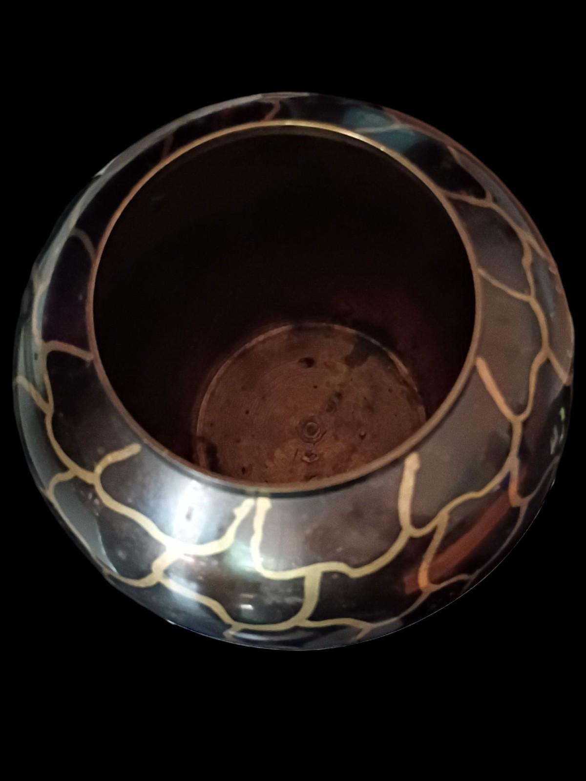Brass & enamel vase black gold moroccan pattern 6.5" decorative metal...