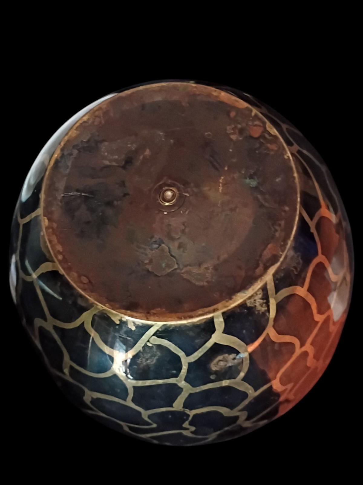 Brass & enamel vase black gold moroccan pattern 6.5" decorative metal...