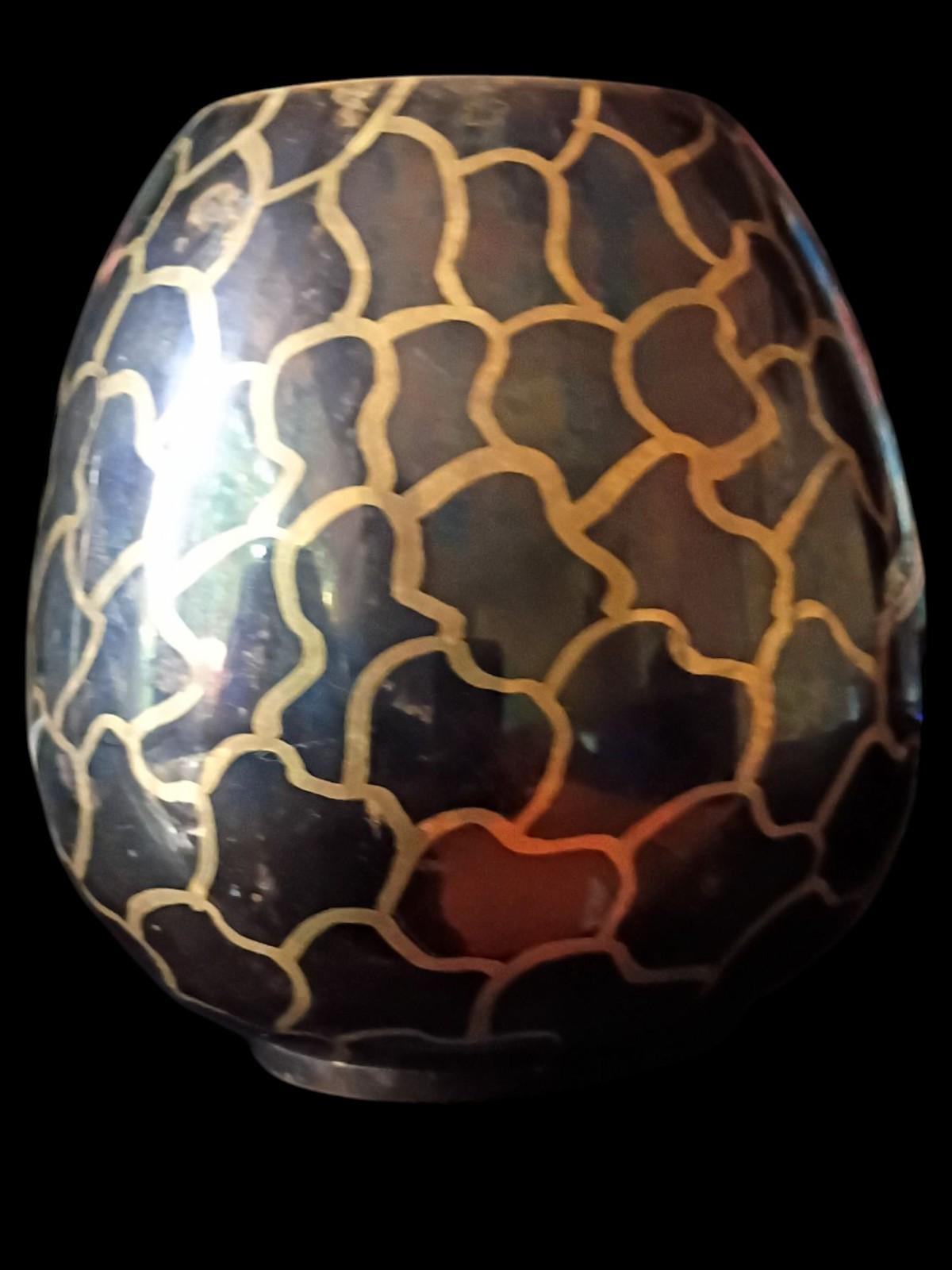 Brass & enamel vase black gold moroccan pattern 6.5" decorative metal...