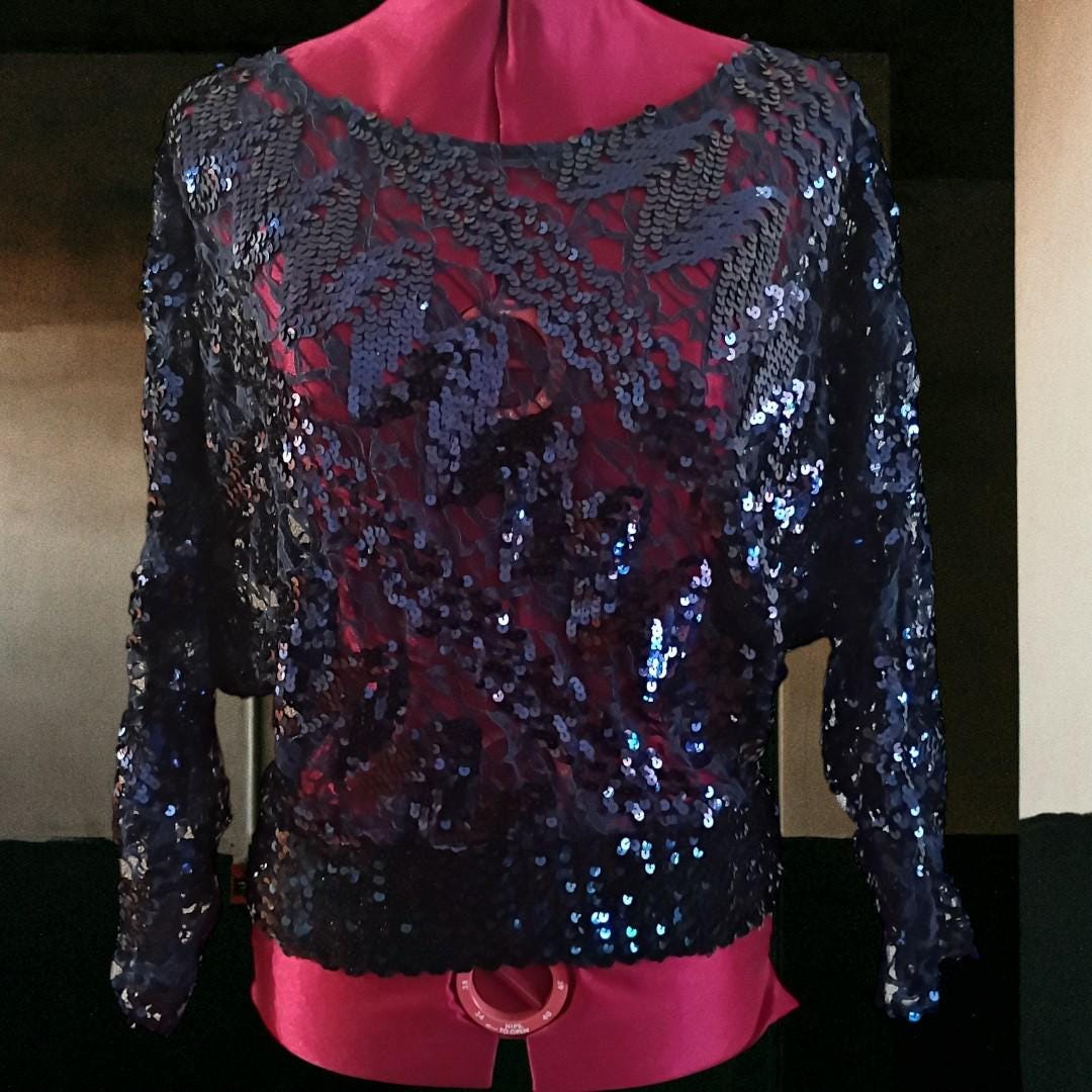 80s blue sequin batwing dolman sleeve party top blouse women’s...