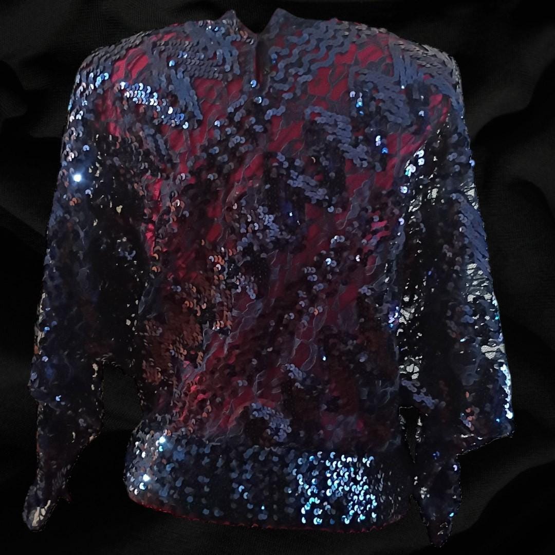 80s blue sequin batwing dolman sleeve party top blouse women’s...