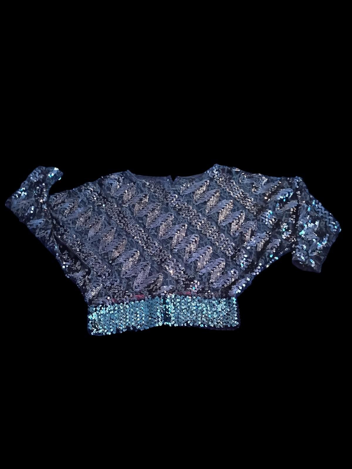 80s blue sequin batwing dolman sleeve party top blouse women’s...