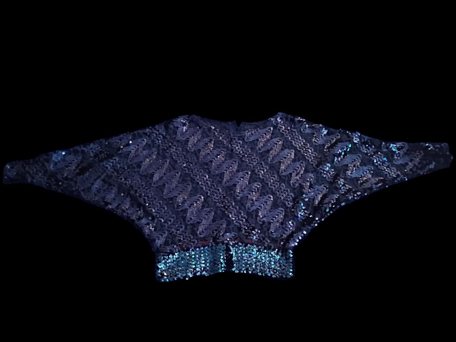 80s blue sequin batwing dolman sleeve party top blouse women’s...