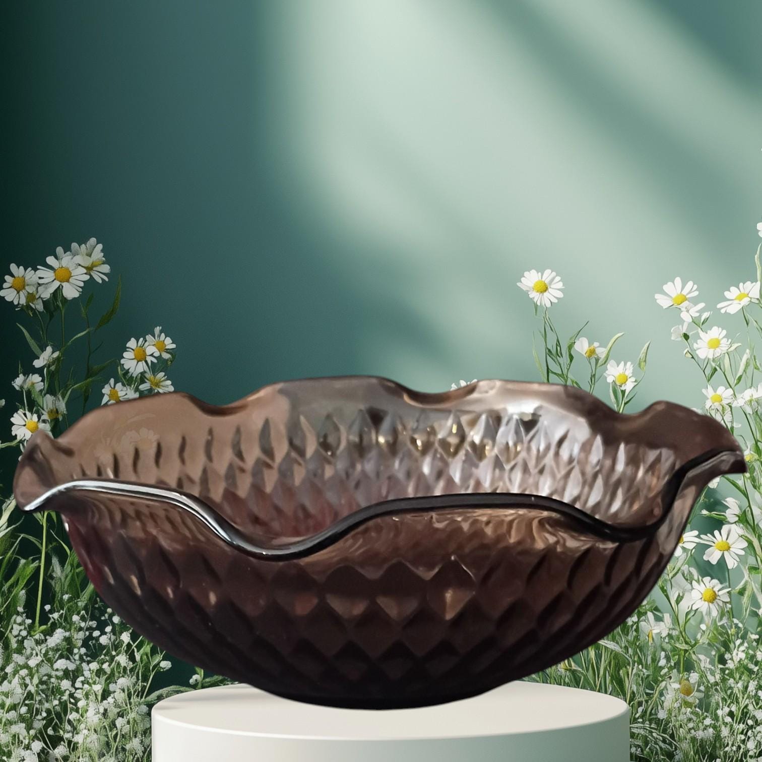 Amber diamond cut glass serving bowl scalloped rim retro mid century...