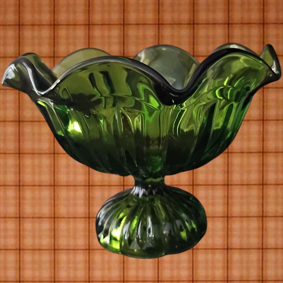 Green glass pedestal compote dish bowl – ribbed design, footed centerpiece,...