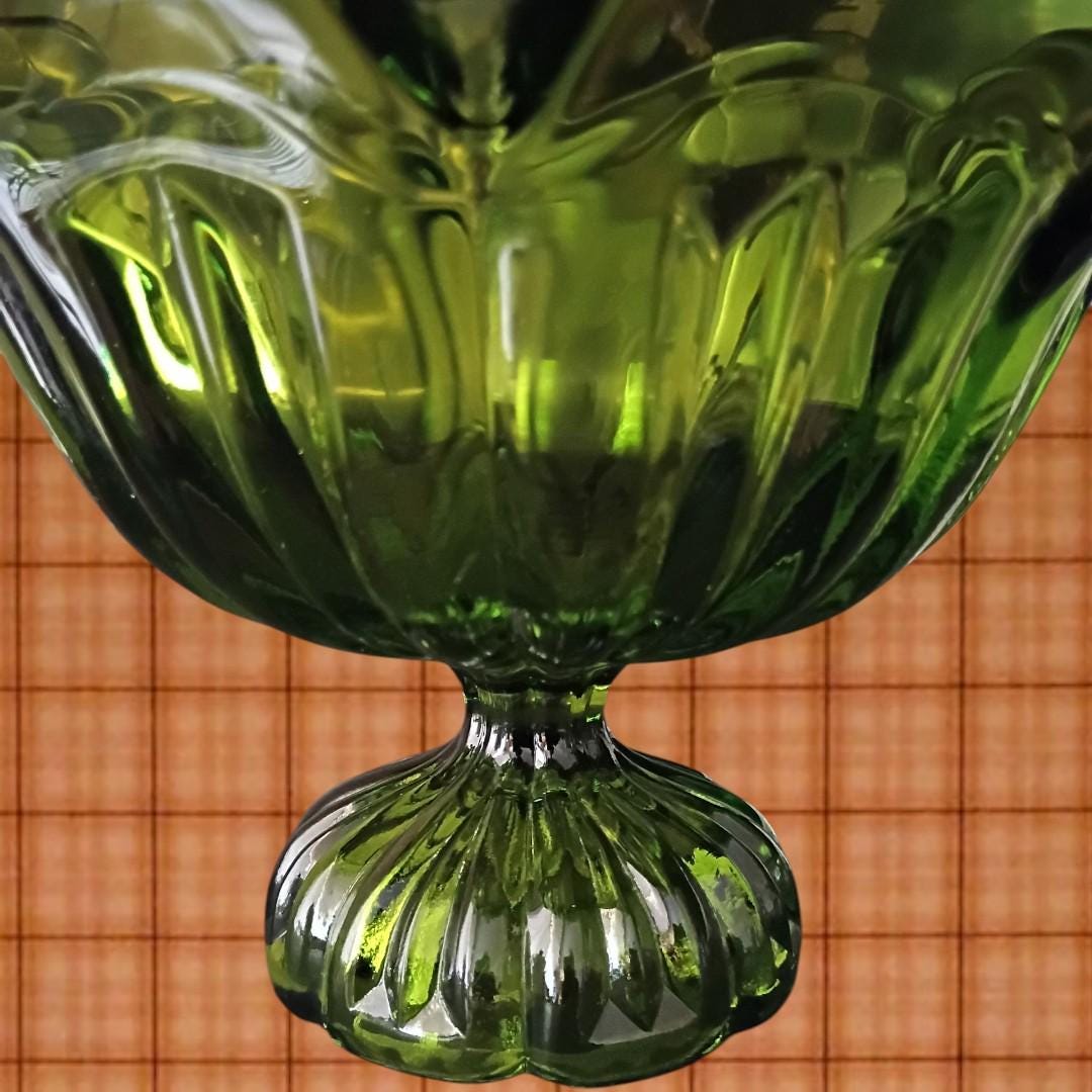 Green glass pedestal compote dish bowl – ribbed design, footed centerpiece,...
